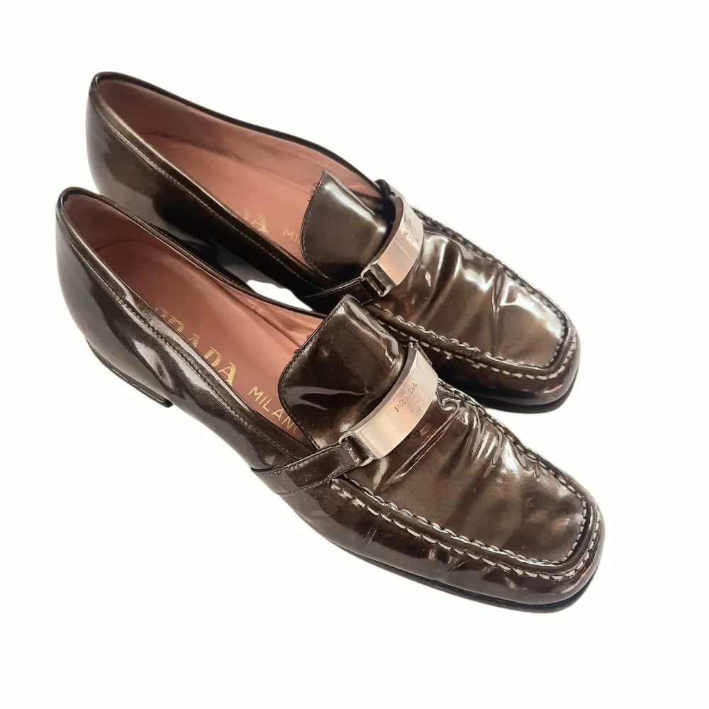Vintage Y2K PRADA Patent Leather Square Toe Classic Loafers Sz 9.5/40 Dk Olive - Picture 2 of 10
